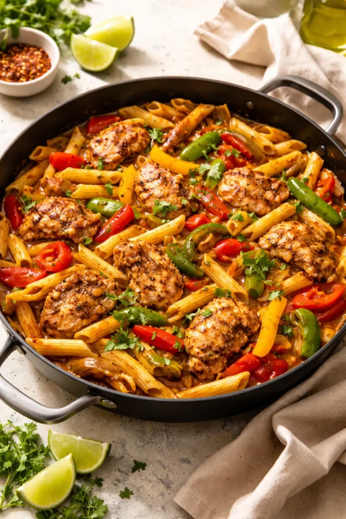 One-pan chicken fajita pasta with peppers and penne in a flavorful sauce