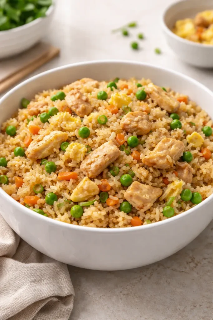 White bowl of chicken fried rice with visible chicken pieces