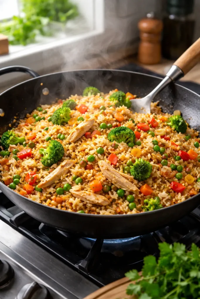 Chicken fried rice with vegetables and rotisserie chicken in a wok