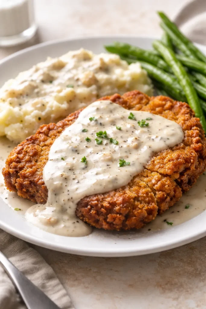 Crispy fried beef steak with light gravy on plate