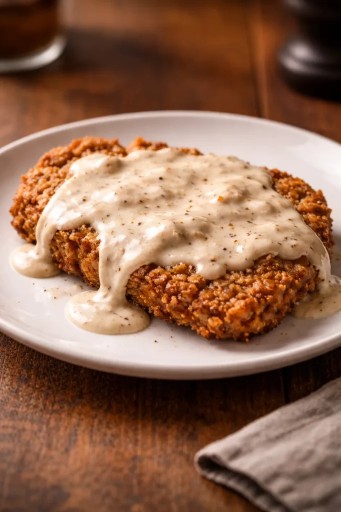 Chicken-fried steak with creamy gravy on a plate