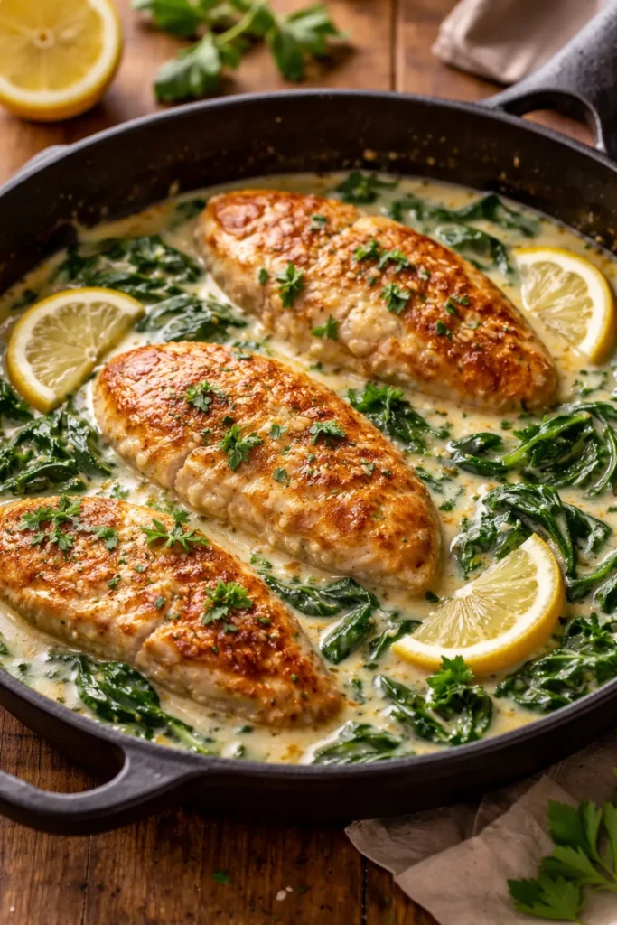 Pan-seared almond-crusted chicken in creamy lemon-garlic sauce with spinach