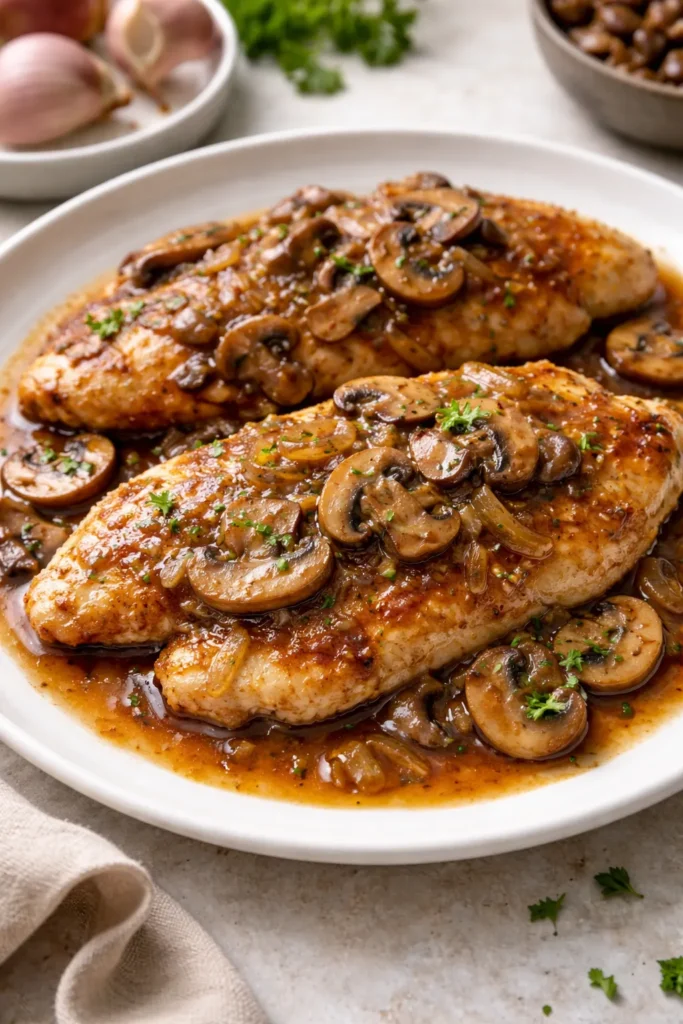 Chicken Marsala with mushrooms in Marsala sauce plated