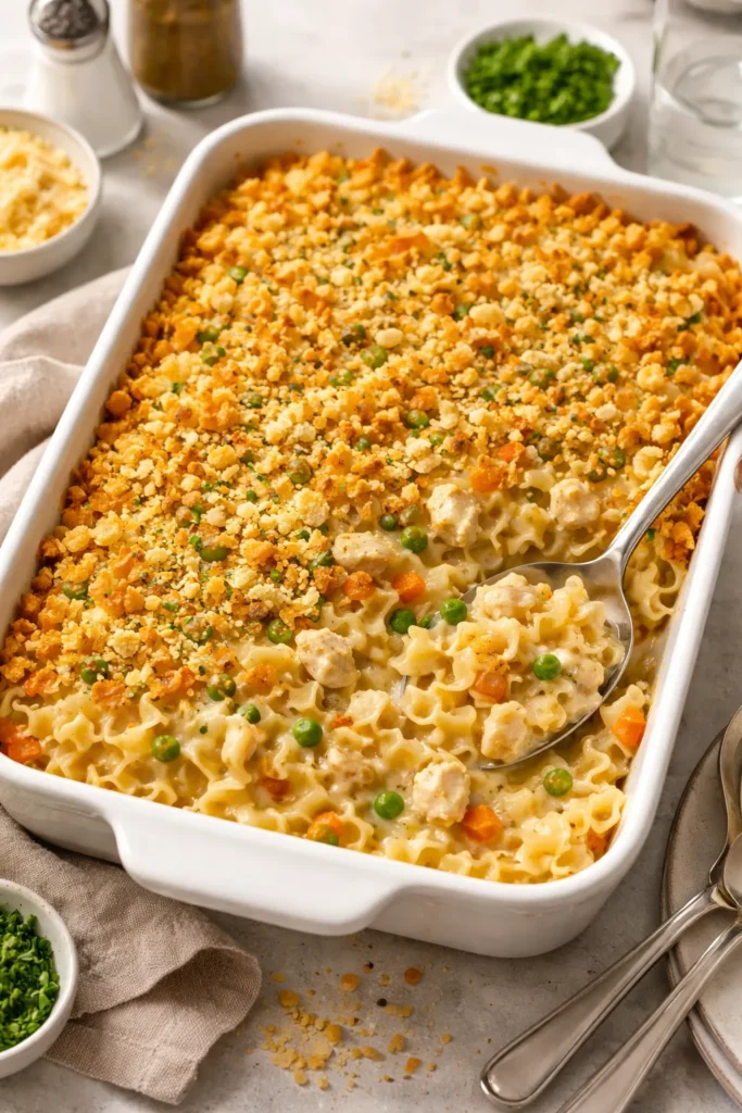 Chicken Noodle Casserole in a baking dish with a golden cracker topping