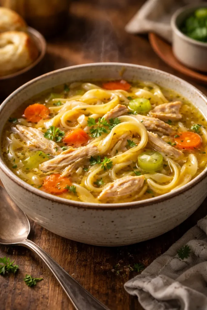 Steaming bowl of chicken noodle soup with golden broth and noodles