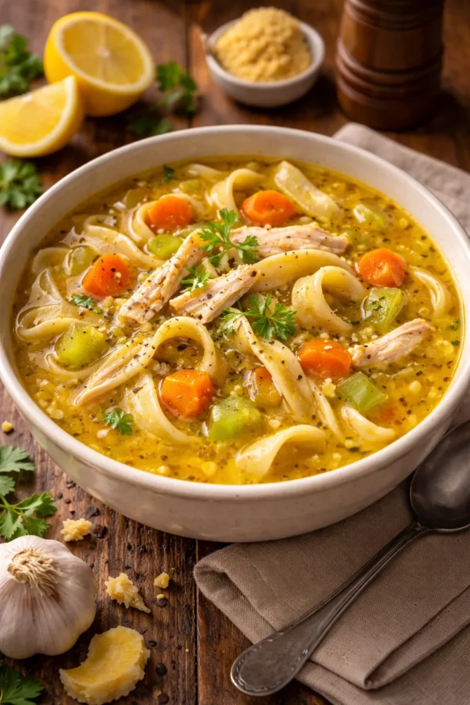 Steaming bowl of classic flu-fighting chicken noodle soup with noodles, chicken and vegetables in golden broth