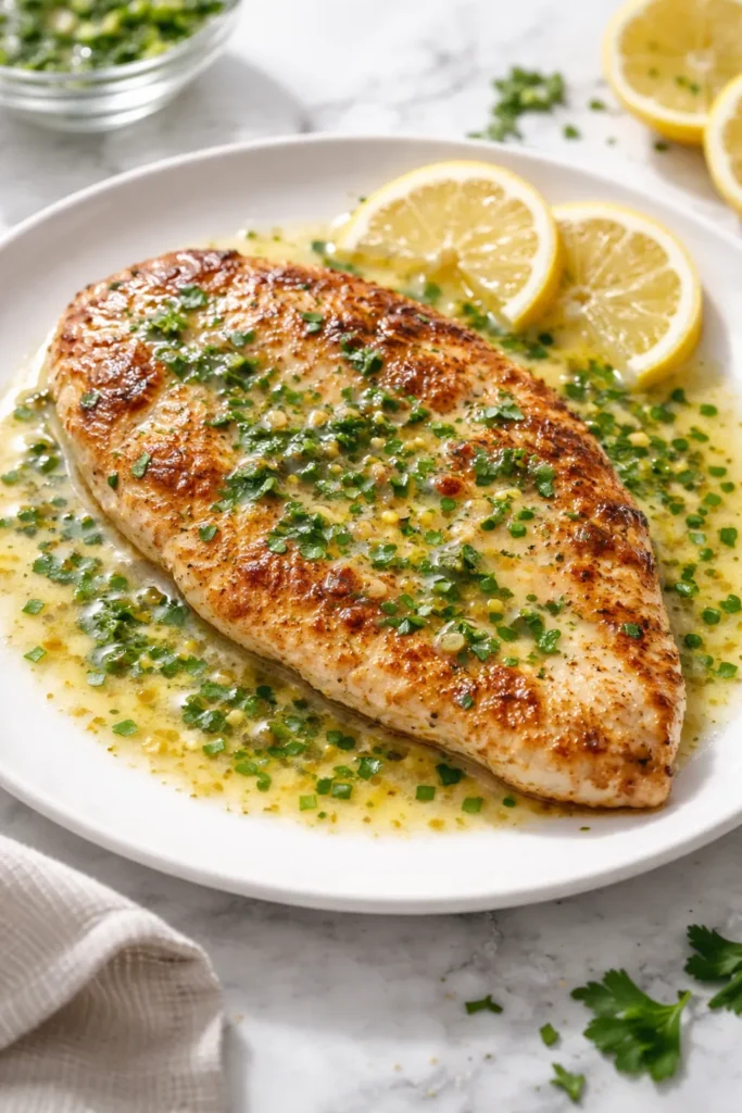 Close-up of thin chicken paillard with glossy lemon-herb butter sauce.