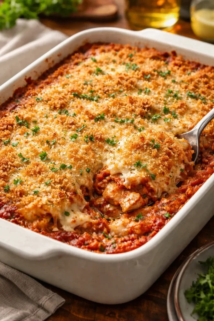 Baked chicken parmesan casserole with golden breadcrumb crust