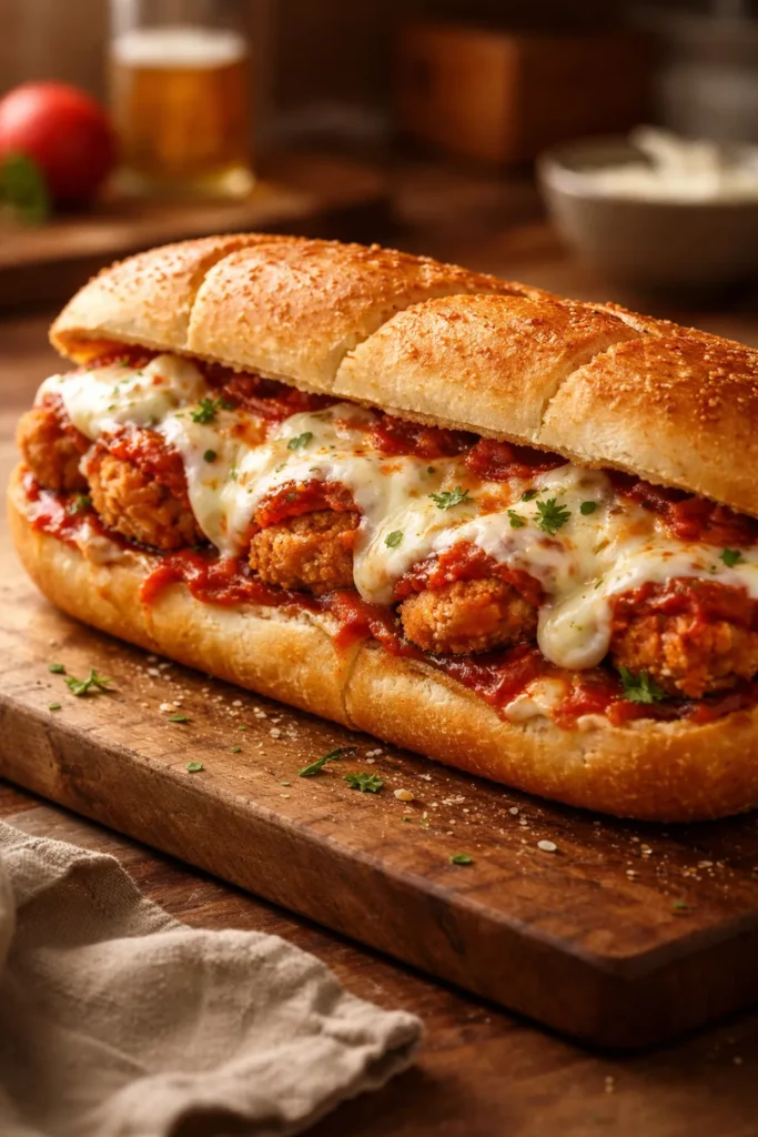 Chicken Parmesan Hoagie cross-section with crispy chicken and melted cheese