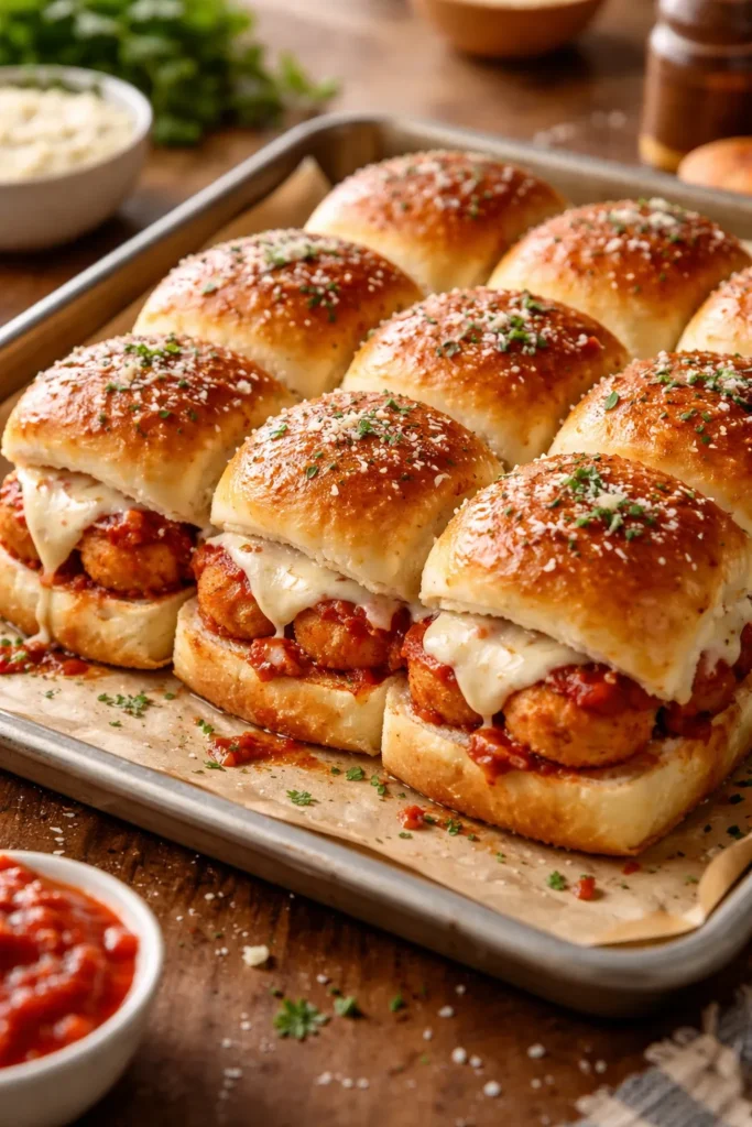 Close-up of chicken parmesan sliders on a plate