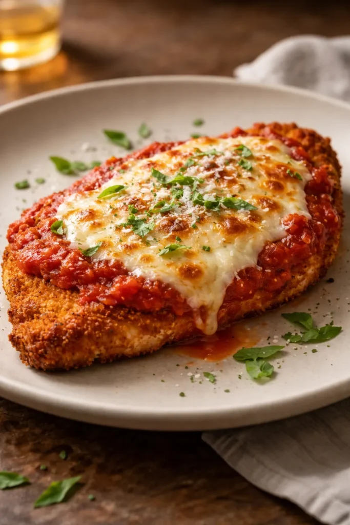 Crispy chicken parmesan with melted cheese and tomato sauce on plate