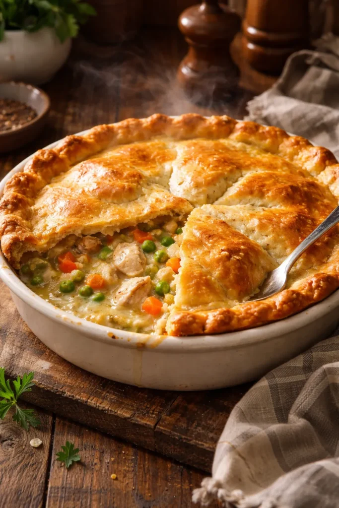 Chicken pot pie with flaky crust on a wooden table