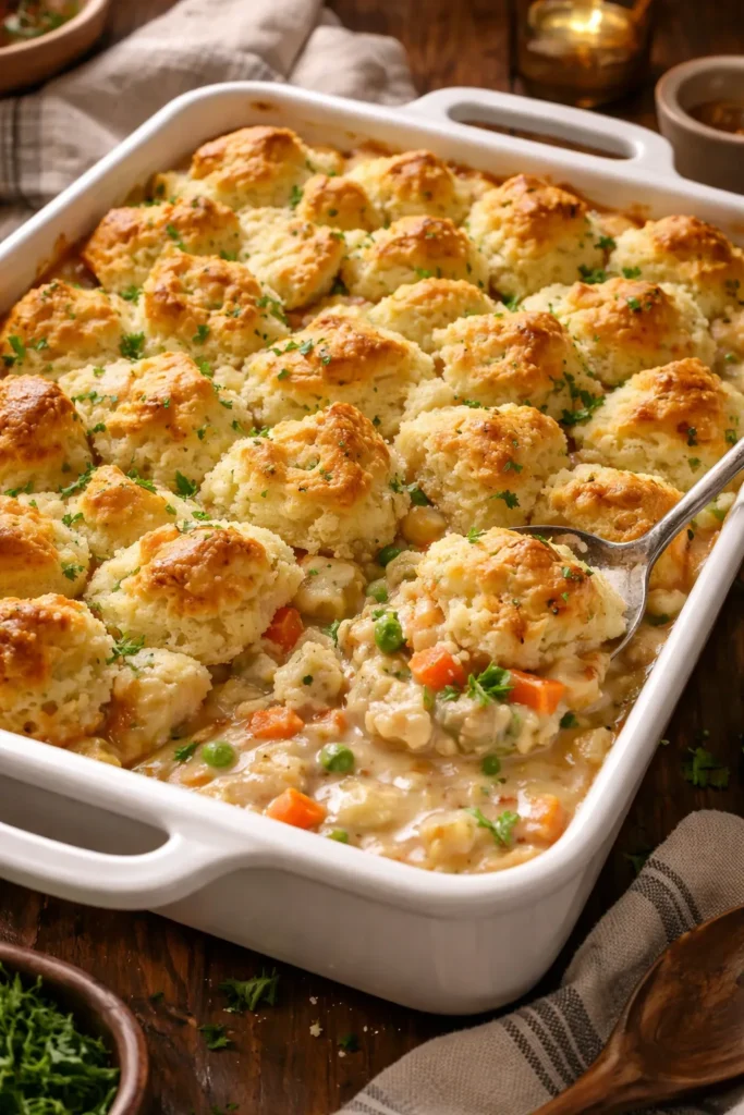 Chicken Pot Pie Casserole with biscuit topping in a baking dish