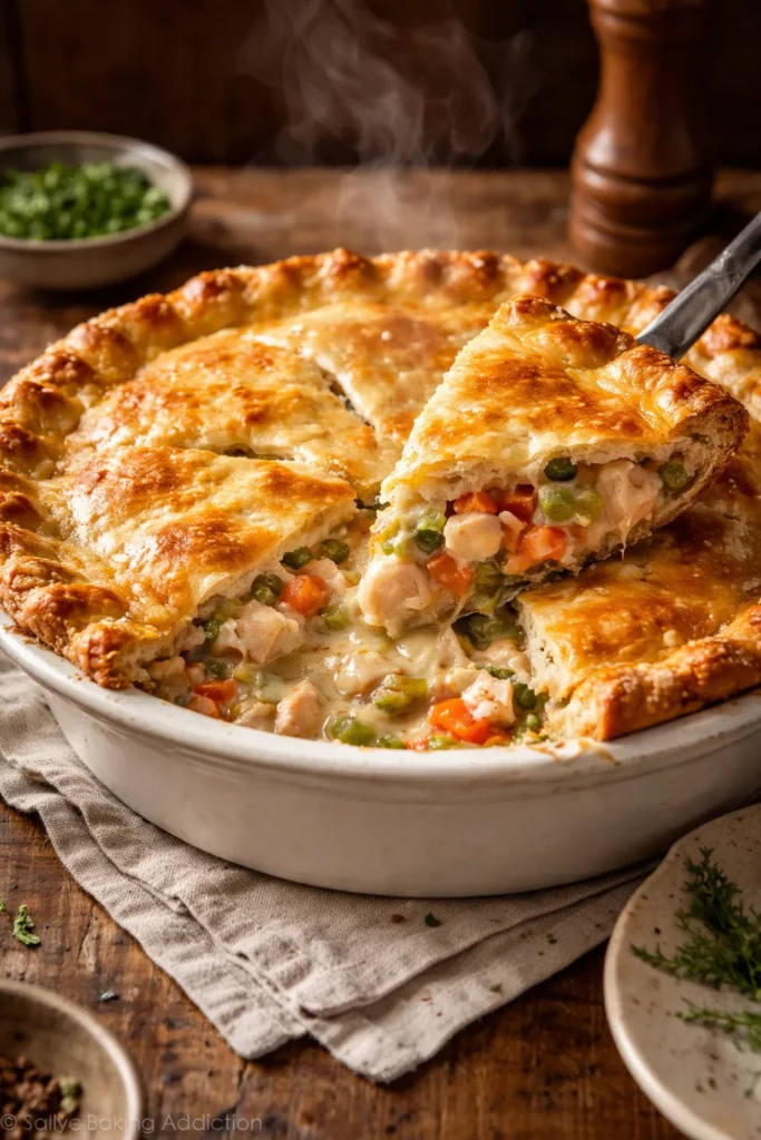 Golden double-crust chicken pot pie in a baking dish