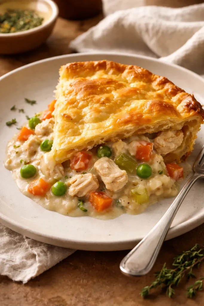 Golden chicken pot pie on plate