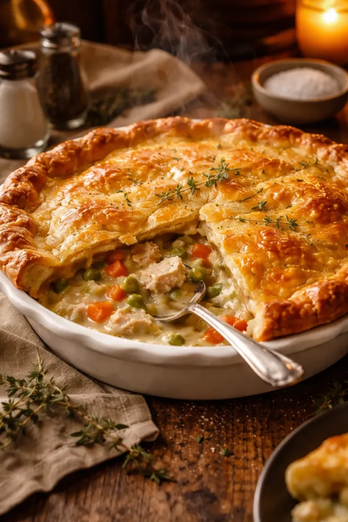 Gold flaky crust chicken pot pie with creamy filling at edge