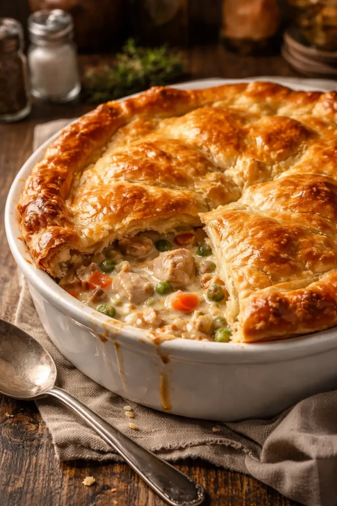 Puff pastry topped chicken pot pie on a rustic table