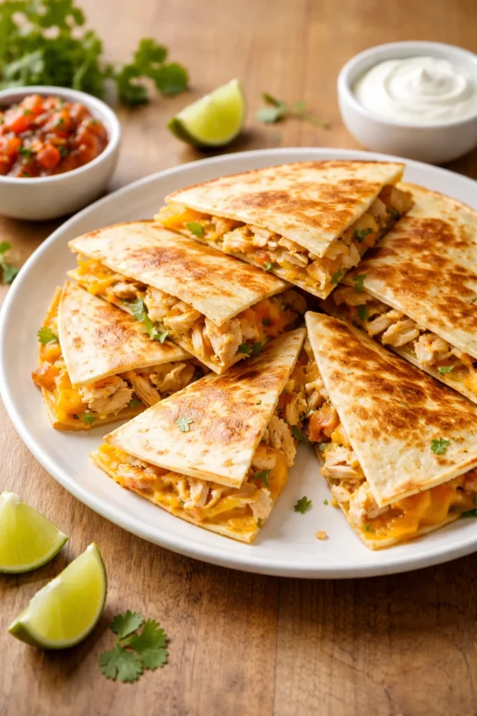 Quesadillas cut into wedges with melted cheese and chicken