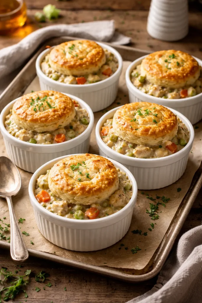 Close-up of individual chicken and biscuit ramekins baked to golden brown on parchment-lined sheet