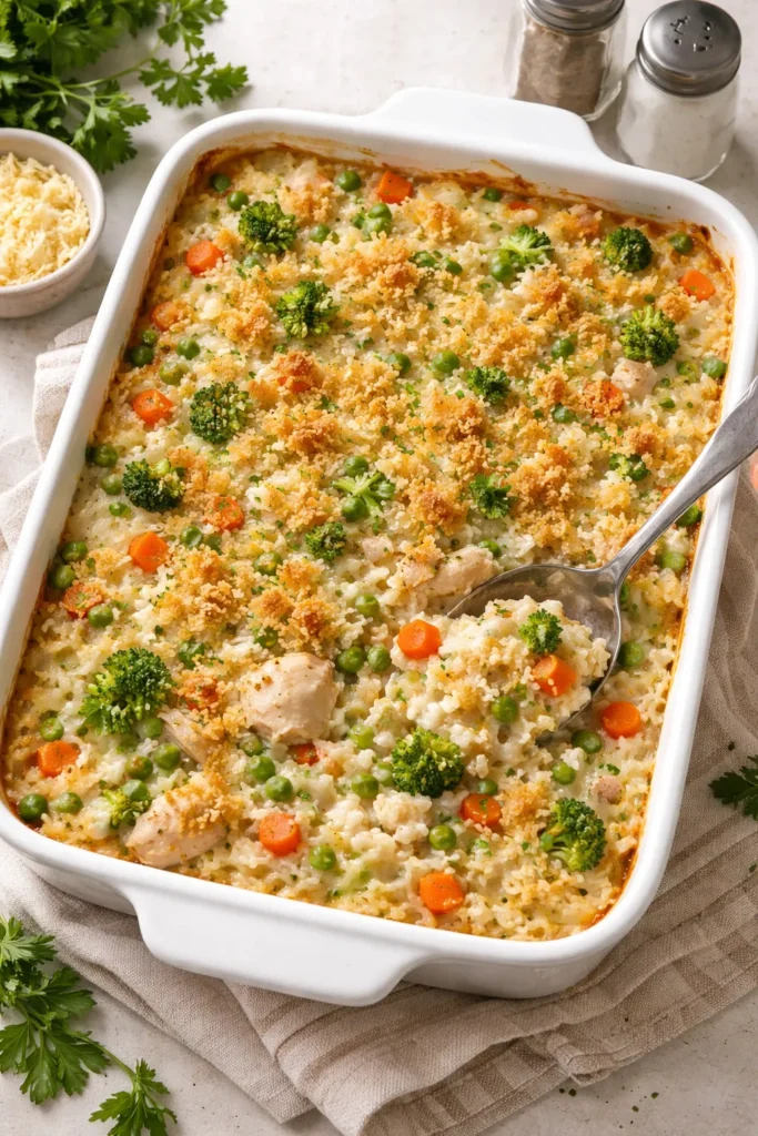 Chicken and Rice Casserole in a baking dish