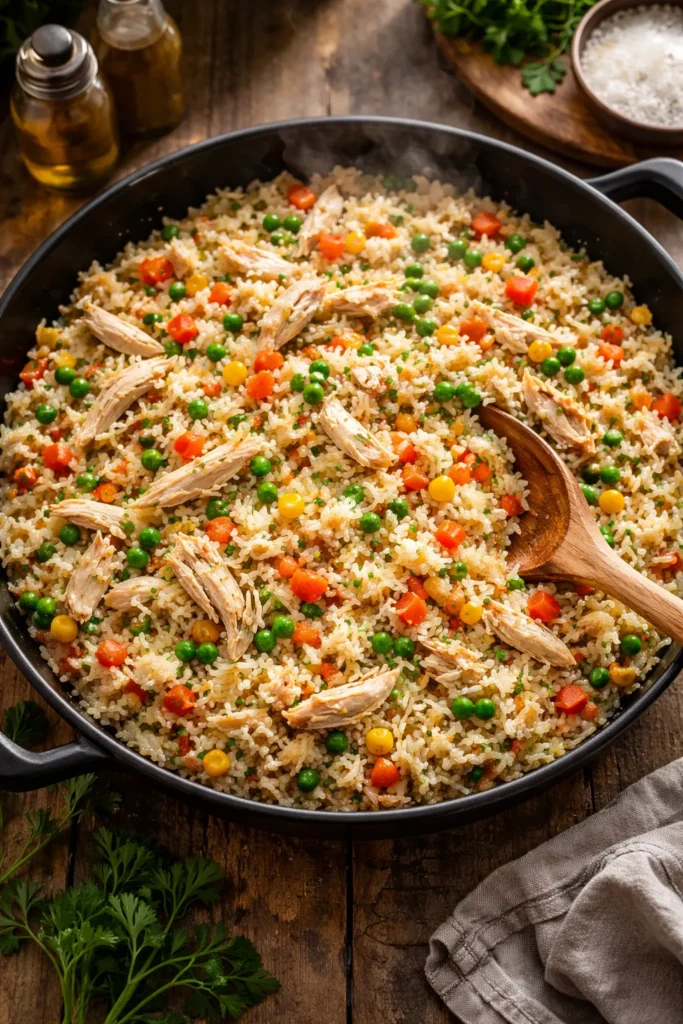 Top-down skillet with rice and chicken and vegetables cooking, steam rising
