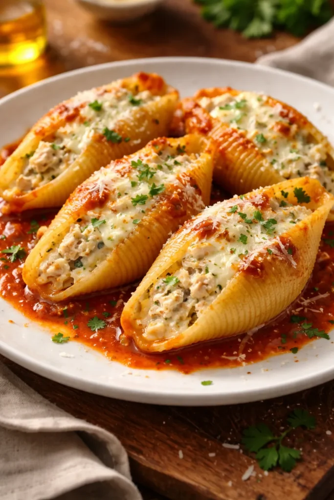 Close-up of chicken and ricotta stuffed shells on a plate with melted cheese
