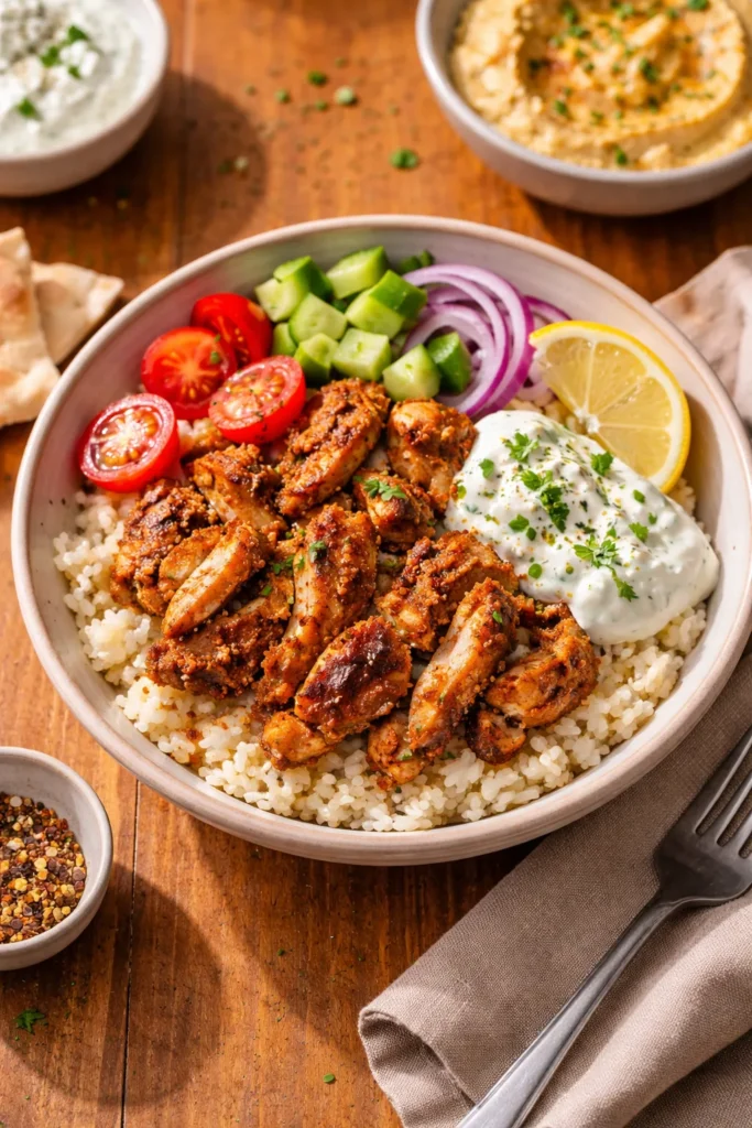 Single-serving chicken shawarma bowl over rice
