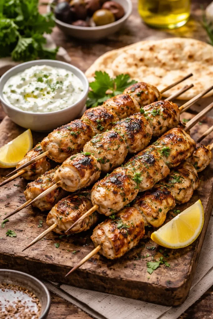Grilled chicken souvlaki skewers with tzatziki and pita