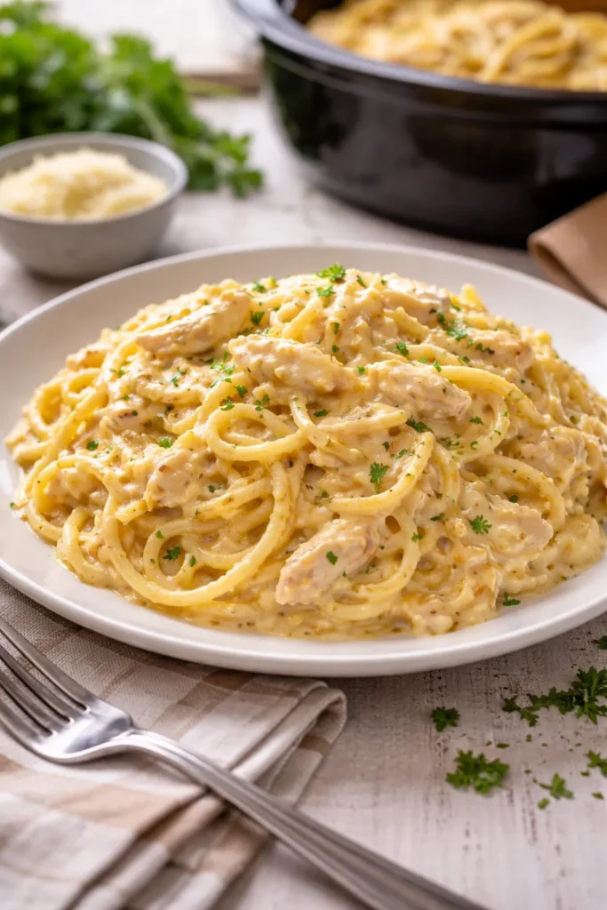 Creamy chicken spaghetti plated on a dish