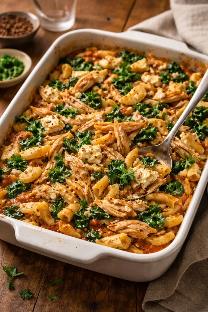 Hearty baked feta pasta with shredded chicken and wilted spinach in a baking dish