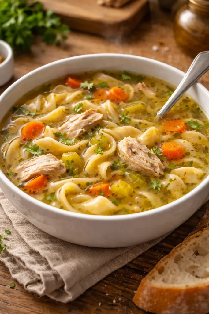 Steaming bowl of classic chicken noodle soup with shredded chicken and noodles