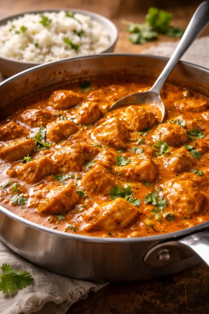 Creamy tikka masala with chicken and rice in a home kitchen.
