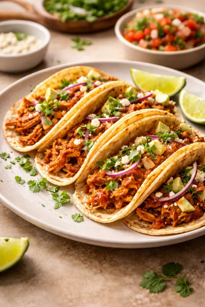 Shredded chicken tinga tacos with smoky sauce in tortillas