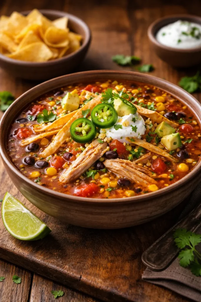 Tortilla soup in a bowl with visible chicken and beans