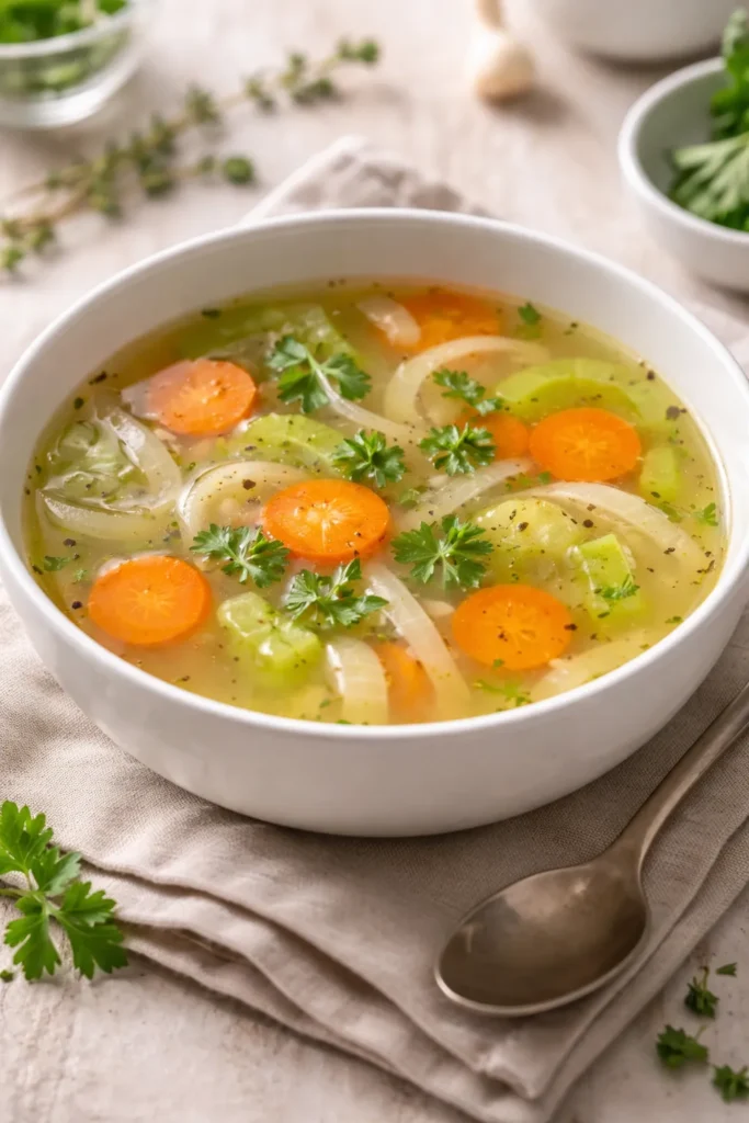 Clear broth chicken vegetable soup with carrots, celery, and onions in a bowl