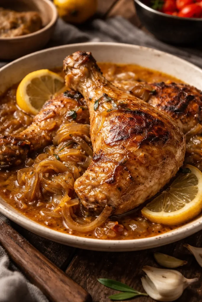 Close-up of Chicken Yassa with caramelized onions and lemon glaze
