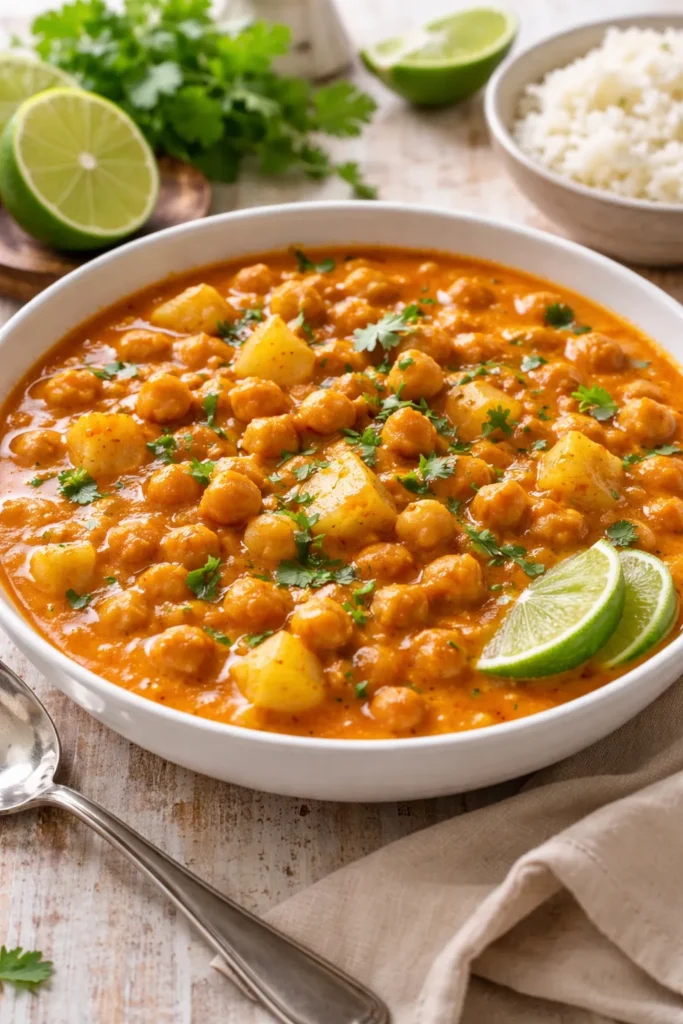 Bowl of chickpea curry with coconut milk and potato chunks