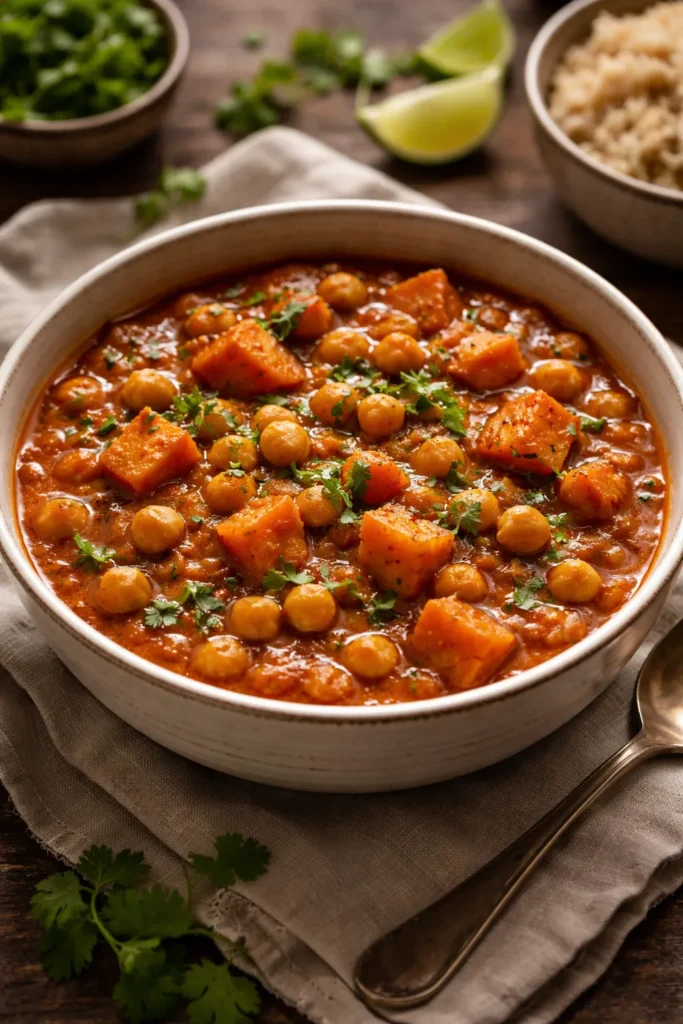 Bowl of chickpea and sweet potato curry in tomato sauce