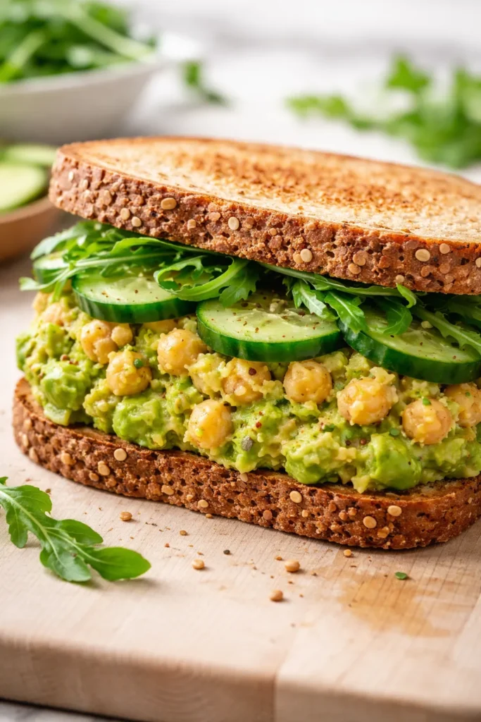 Sandwich with chunky chickpeas and avocado on whole-grain bread