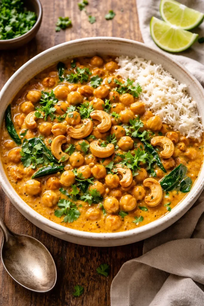 Chickpea coconut cashew curry in a bowl with chickpeas and cashews visible.