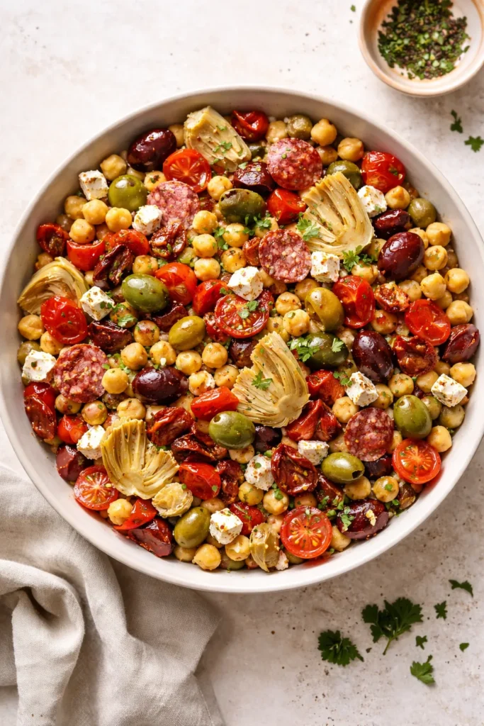 Chickpea antipasto salad with olives and feta in a bowl