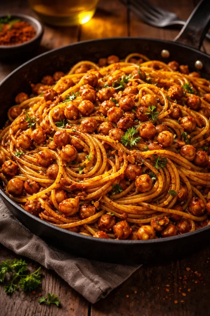 Pasta with crispy chickpeas in smoky paprika oil