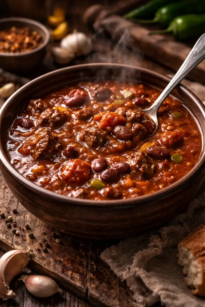 Close-up of a thick, steaming chili bowl with beef, beans, and tomatoes.