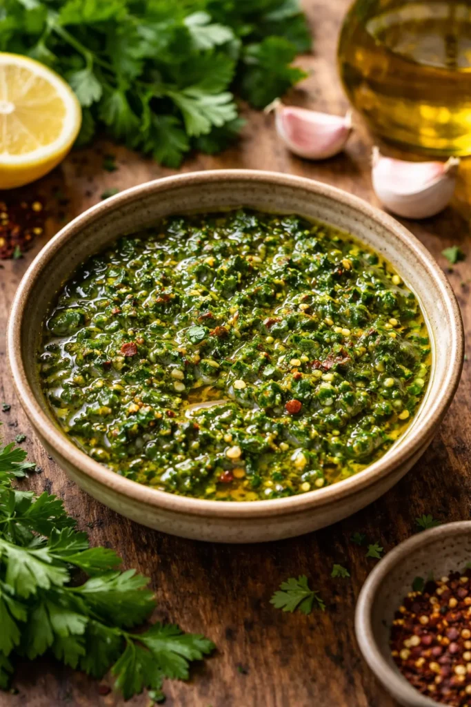 Close-up of vibrant chimichurri in a rustic bowl with visible herbs