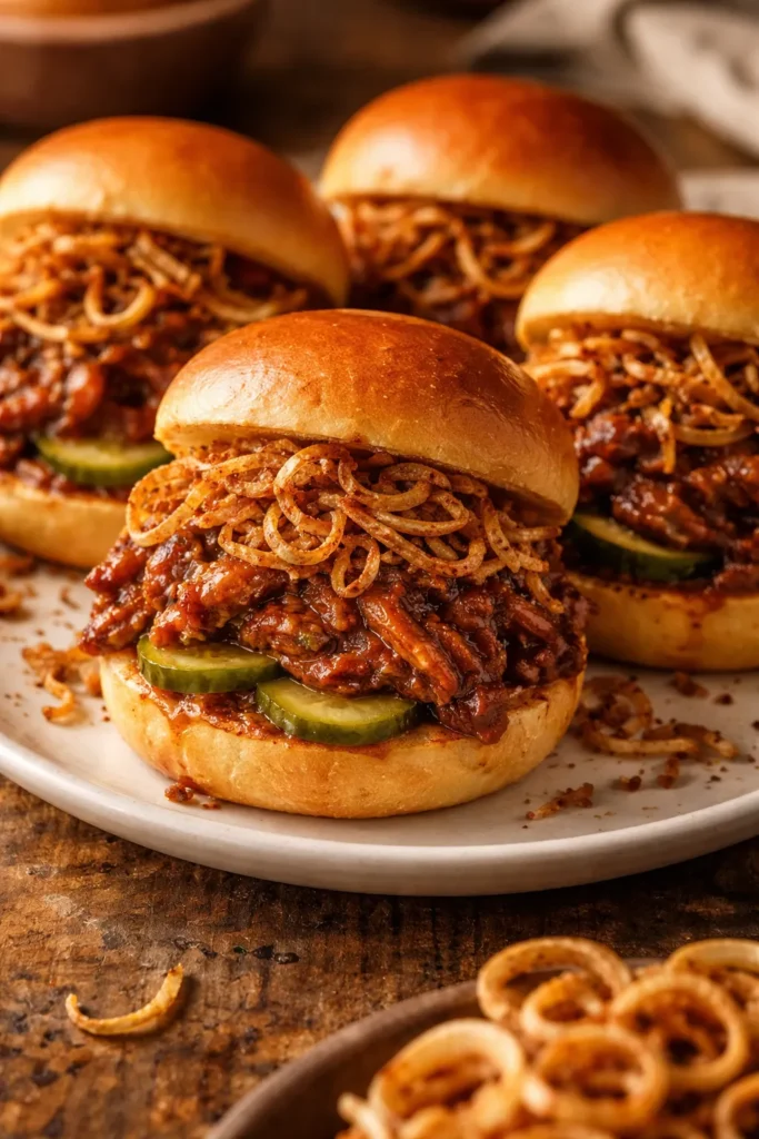 Chipotle pulled pork sliders with crispy shallots