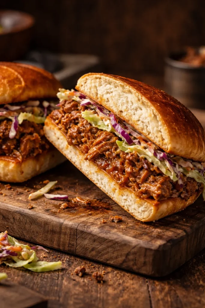 Pulled pork sandwich with chipotle glaze and slaw cross-section
