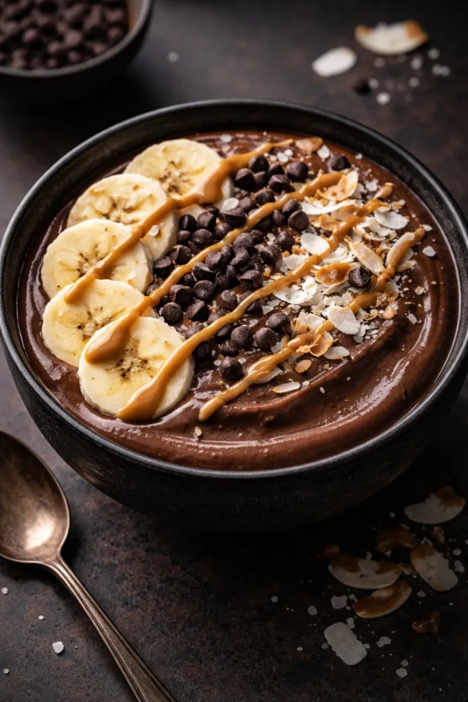 Creamy chocolate avocado smoothie bowl with banana slices and chocolate chips.