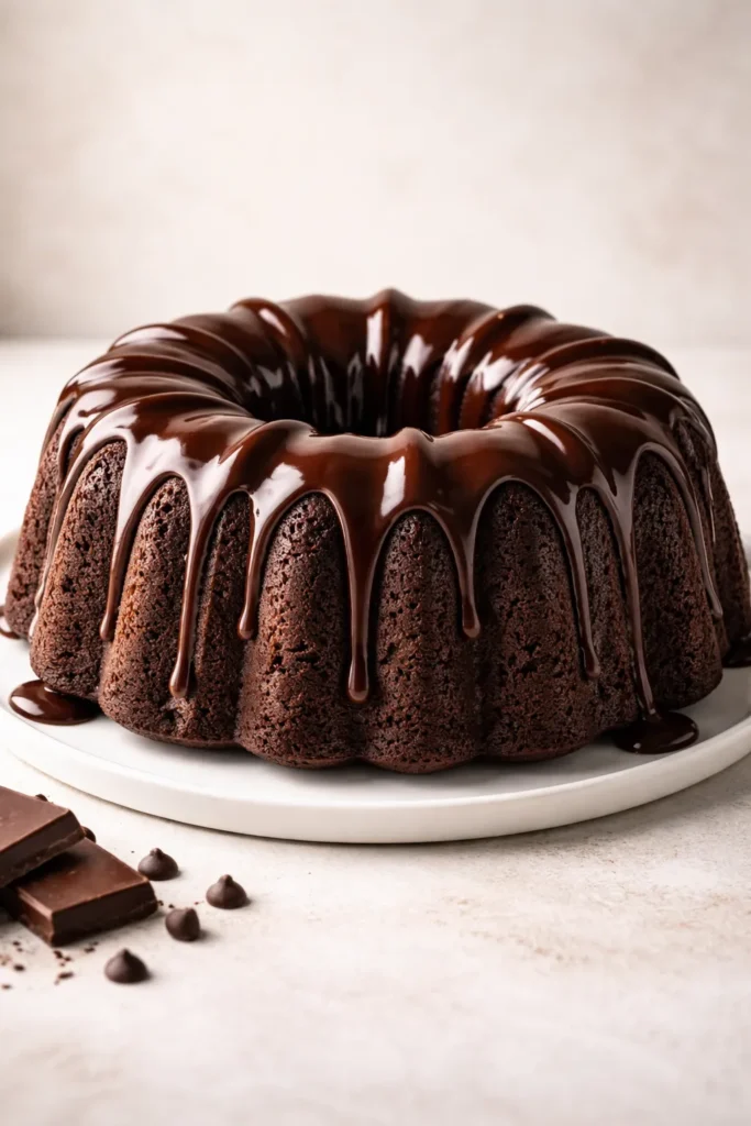 Chocolate Bundt cake with ganache drizzle on neutral background