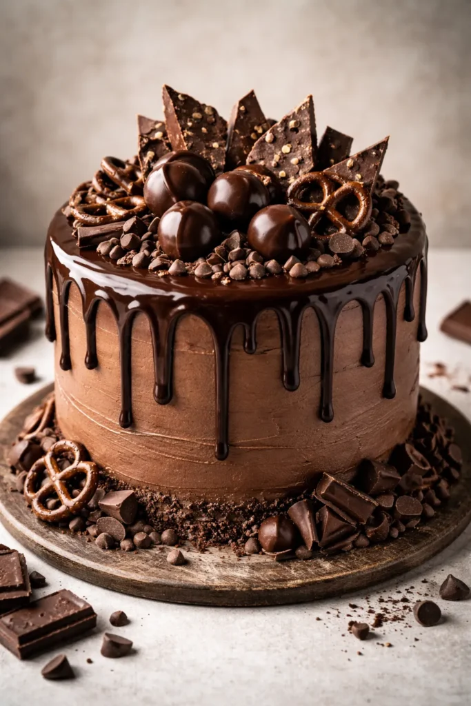 Close-up of a chocolate-on-chocolate drip cake with ganache drips and chocolate decorations
