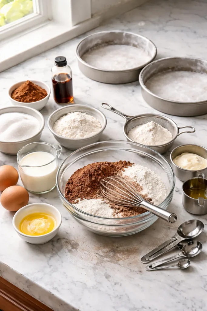 Chocolate cake prep scene with greased pans and baking tools on marble counter